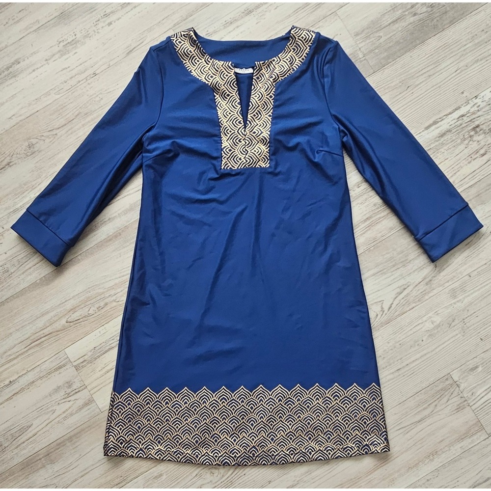 Cabana Life Women's M Navy Gold Metallic Geometric Tunic Dress 491-MET-1201